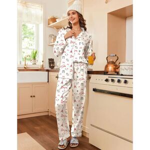 NEW NWT EKOUAER Teddy Paris Satin Pajama Set Large